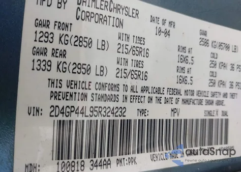 2005 Dodge Grand Caravan Sxt из США, поврежденный, VIN 2D4GP44L95R324232